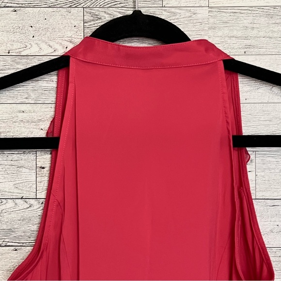 Express Elite Stretch Red Sleeveless  Ladies Jabot Top with Sheer Front Ruffle - Picture 10 of 13